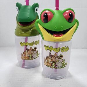 Set of 2 Rainforest Cafe Frog Crocodile‎ Kids Plastic Souvenir Cups Straw Handle